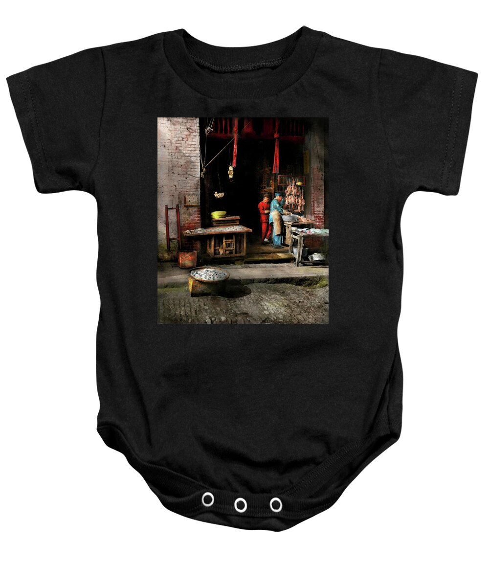 Chinatown Baby Onesie featuring the photograph City - California - Fish Alley smells fowl 1886 by Mike Savad