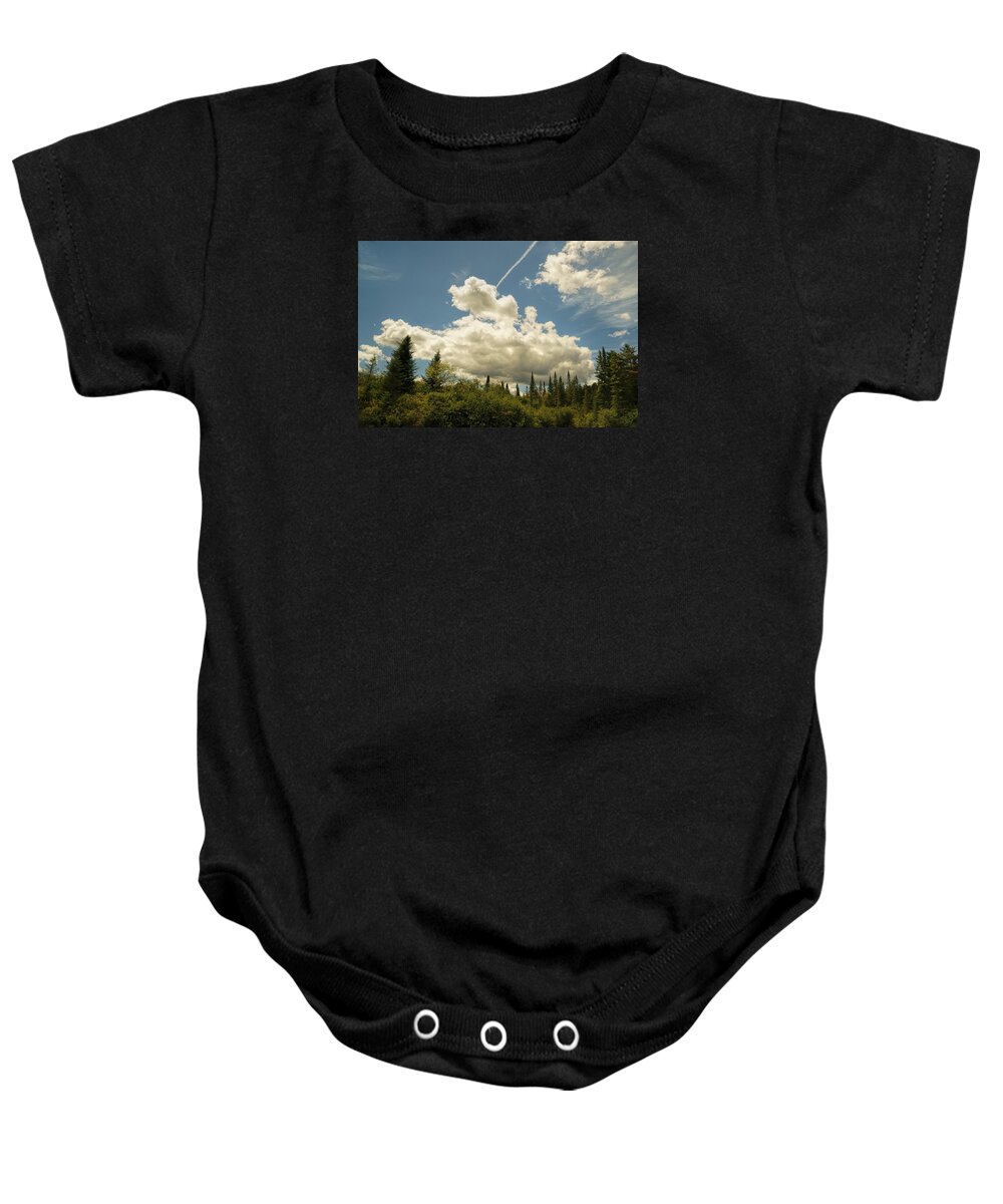 Adirondacks Baby Onesie featuring the photograph Clouds Over The Evergreens by Jean Macaluso
