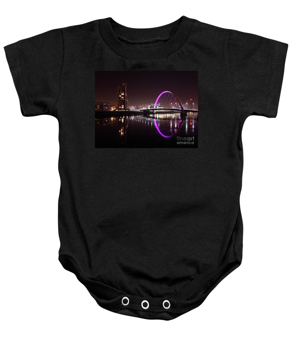 Glasgow Clyde Arc Baby Onesie featuring the photograph Clyde Arc Night Reflections by Maria Gaellman