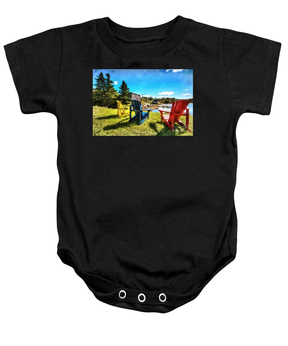 Chairs Baby Onesie featuring the digital art Colorful Chairs on a Bright Day by Eva Lechner