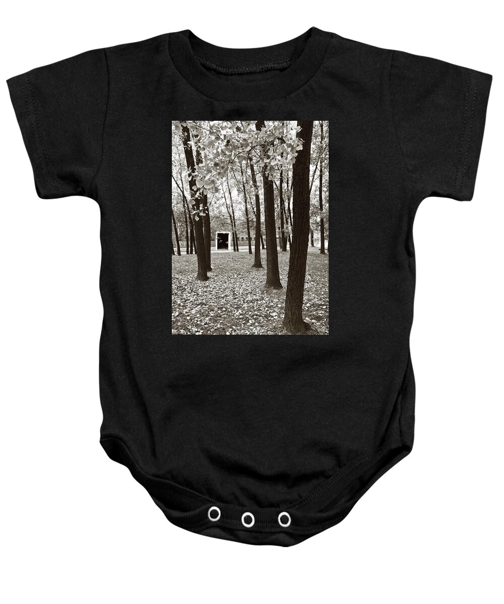 Sepia. Black And White. Trees. Building. Leaves. Door. Doorway. Outline. Sky. Clouds. Sticks. Lines. Shapes. Digtal. Nature. Twilight. Noon. Afternoon. Sundown. Sun. Contrast. Camera.digtal Photography. Mixed Media Photography. Mixed Media Black And White Photography.  Baby Onesie featuring the photograph Come On In by James Steele