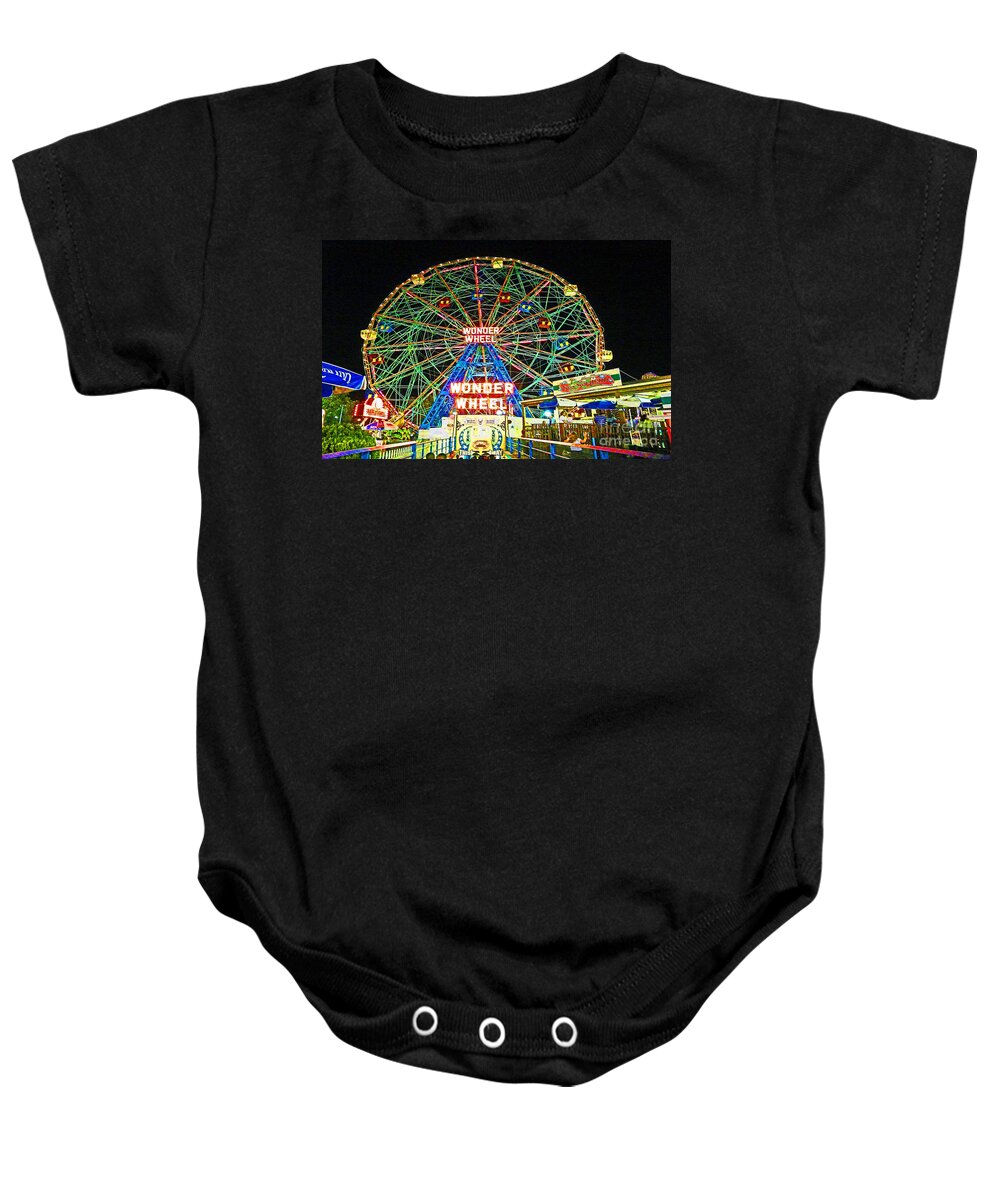 Coney Island Baby Onesie featuring the photograph Coney Island's Wonderous Wonder Wheel In Neon by Kendall Eutemey