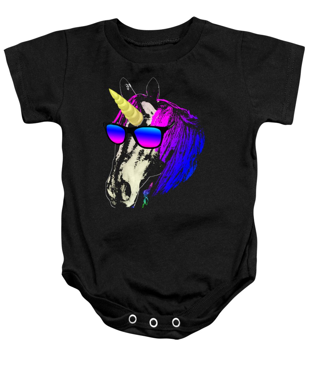 Unicorn Baby Onesie featuring the mixed media Cool Unicorn With Sunglasses by Megan Miller