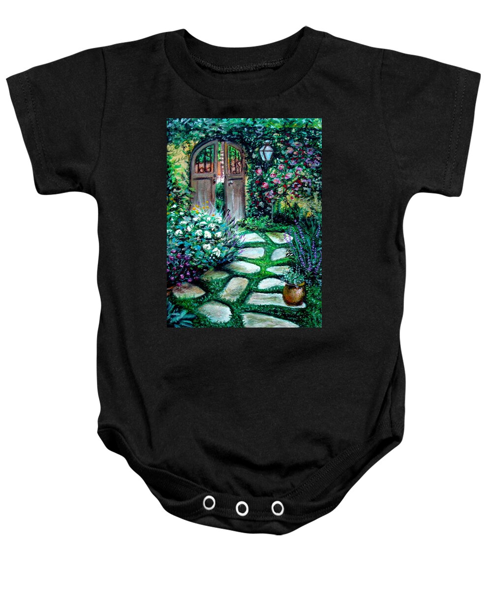 Landscape Baby Onesie featuring the pastel Cottage Gates by Elizabeth Robinette Tyndall