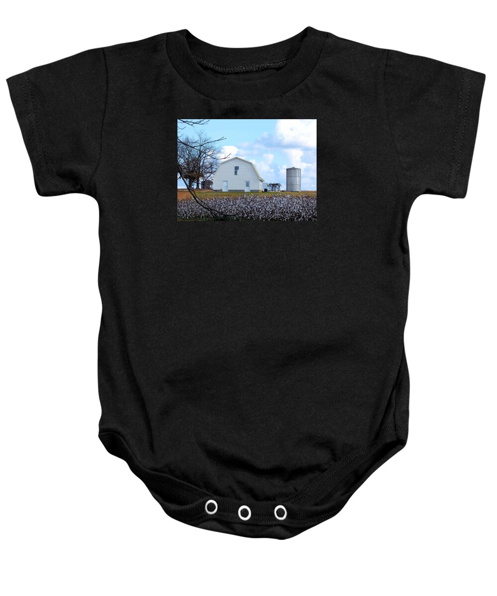 Cotton Baby Onesie featuring the photograph Cotton Patch White Barn by Rosalie Scanlon