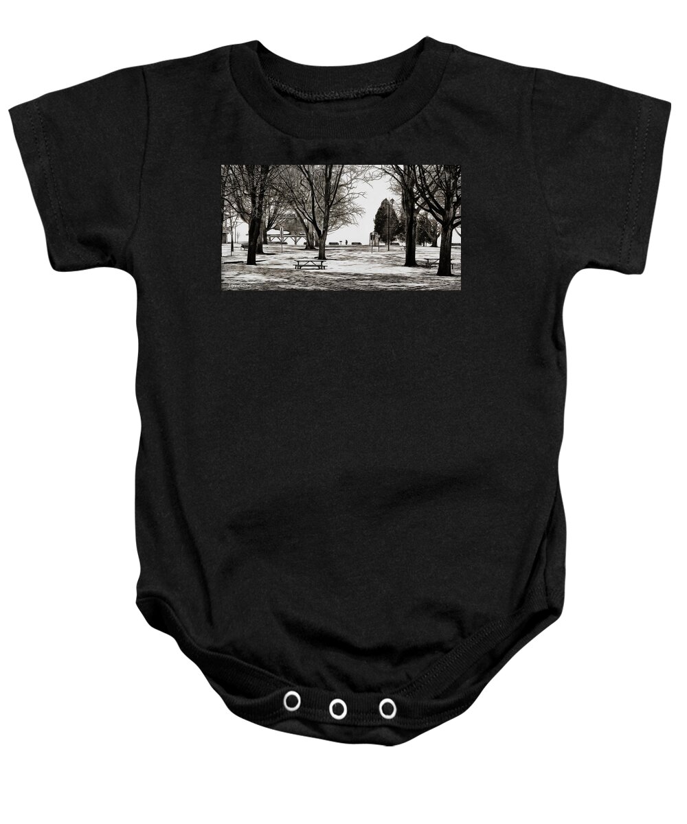 Orillia Baby Onesie featuring the digital art Couchiching Park in Pencil by JGracey Stinson