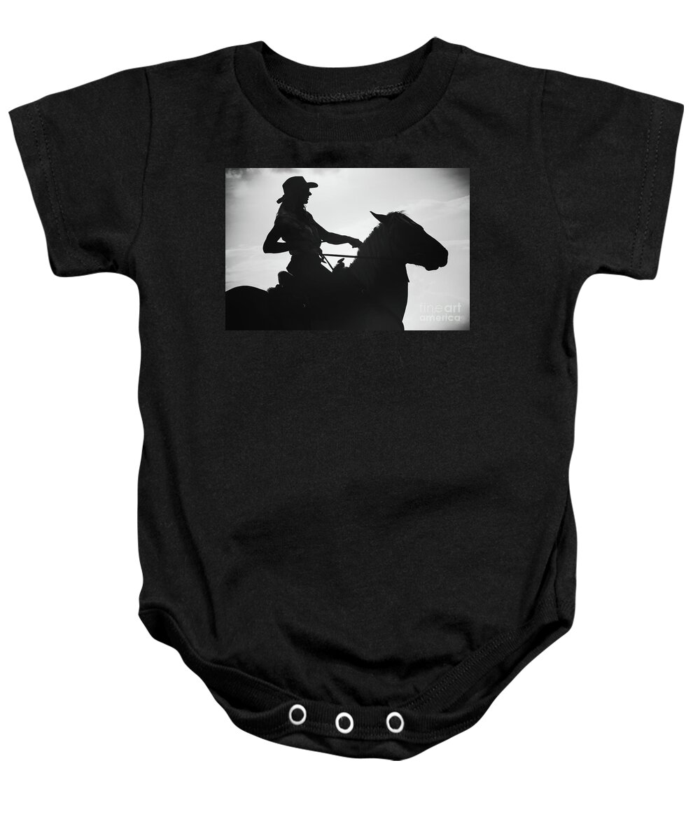 Horse Baby Onesie featuring the photograph Cowgirl and horse silhouette by Dimitar Hristov