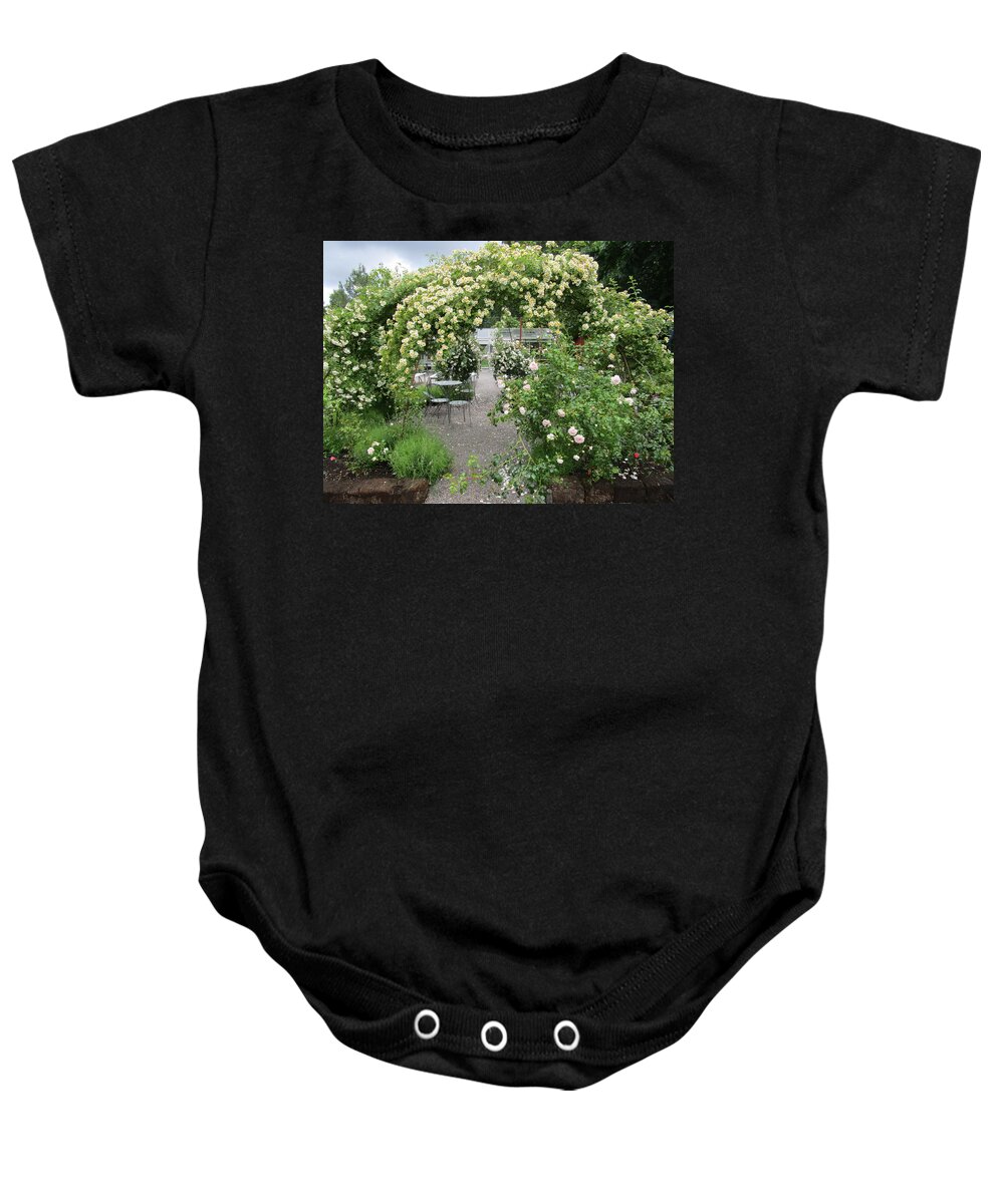 Outdoor Environments Baby Onesie featuring the photograph Cream-colored roses with your coffee by Rosita Larsson