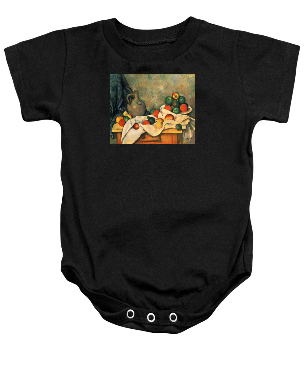 Paul Cezanne Baby Onesie featuring the painting Curtain, Jug And Fruit by Paul Cezanne