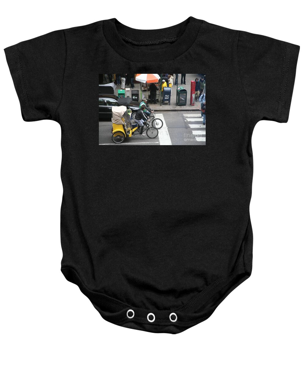 Times Square Baby Onesie featuring the photograph Cyclo Rickshaw Bicycles New York by Chuck Kuhn