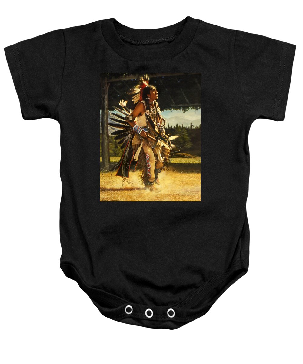 Native American Baby Onesie featuring the painting Dance of His Fathers by Greg Olsen