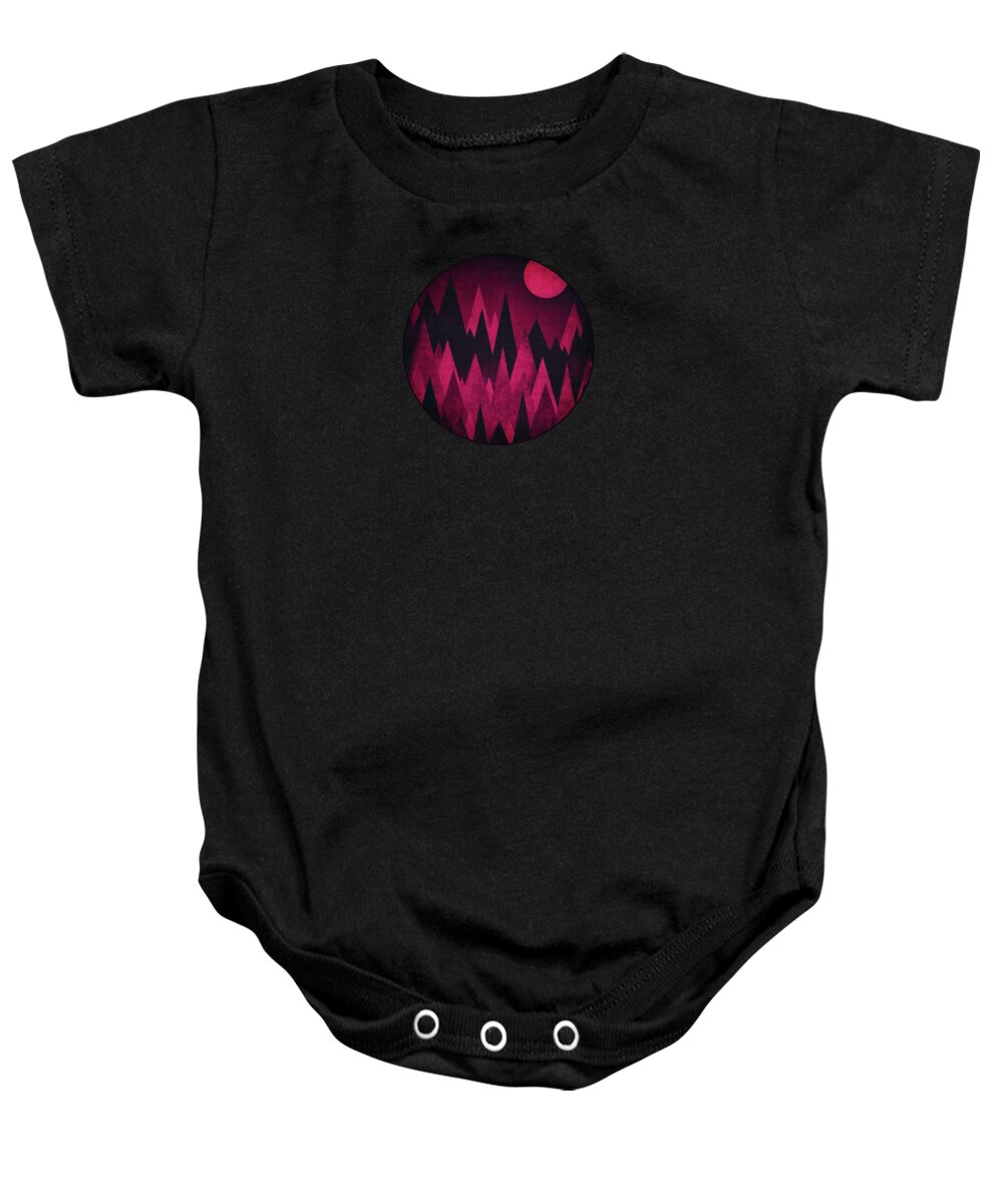  Abstract Baby Onesie featuring the digital art Dark Triangles - Peak Woods Abstract Grunge Mountains Design in red black by Philipp Rietz