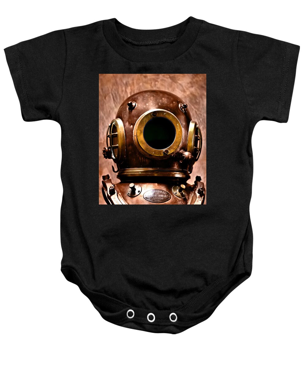 Nobody Baby Onesie featuring the photograph Deep diver bronze helmet in hdr and vintage process by Pedro Cardona Llambias