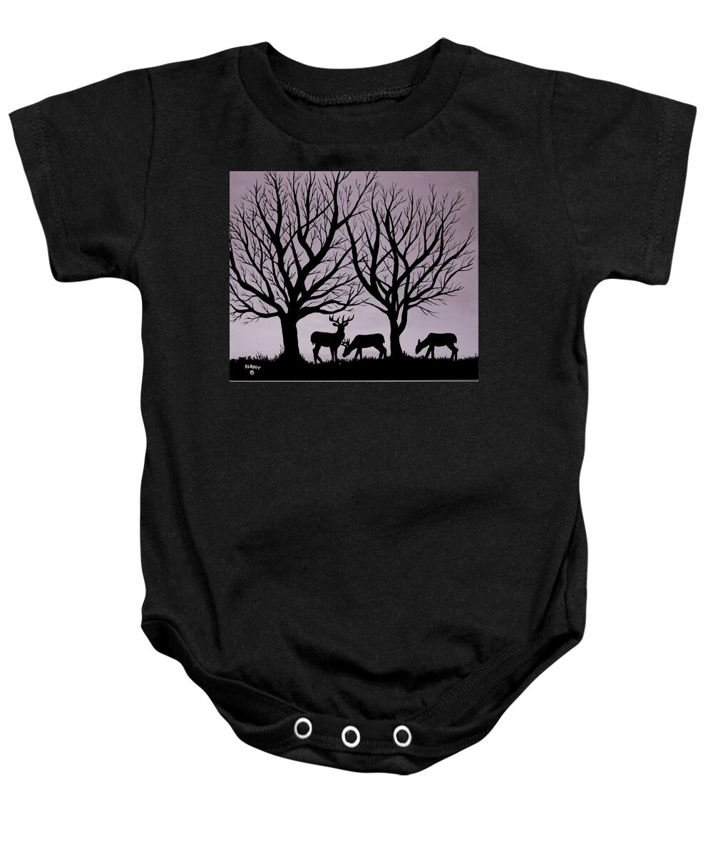 Sunset Baby Onesie featuring the painting Deer at Sunset, Black and gray by Ralph Root