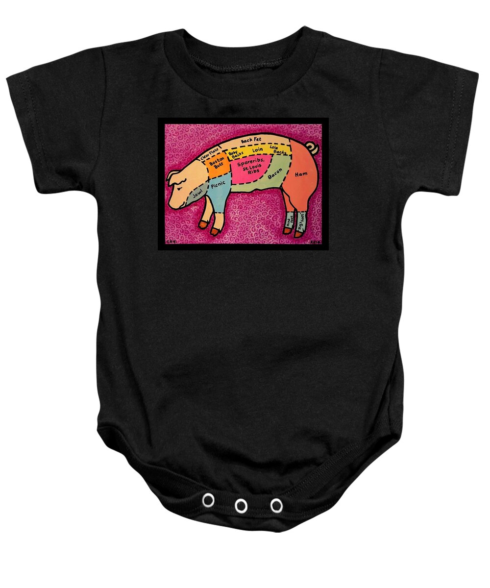 Pig Baby Onesie featuring the painting Diagramed Pig by Jim Harris