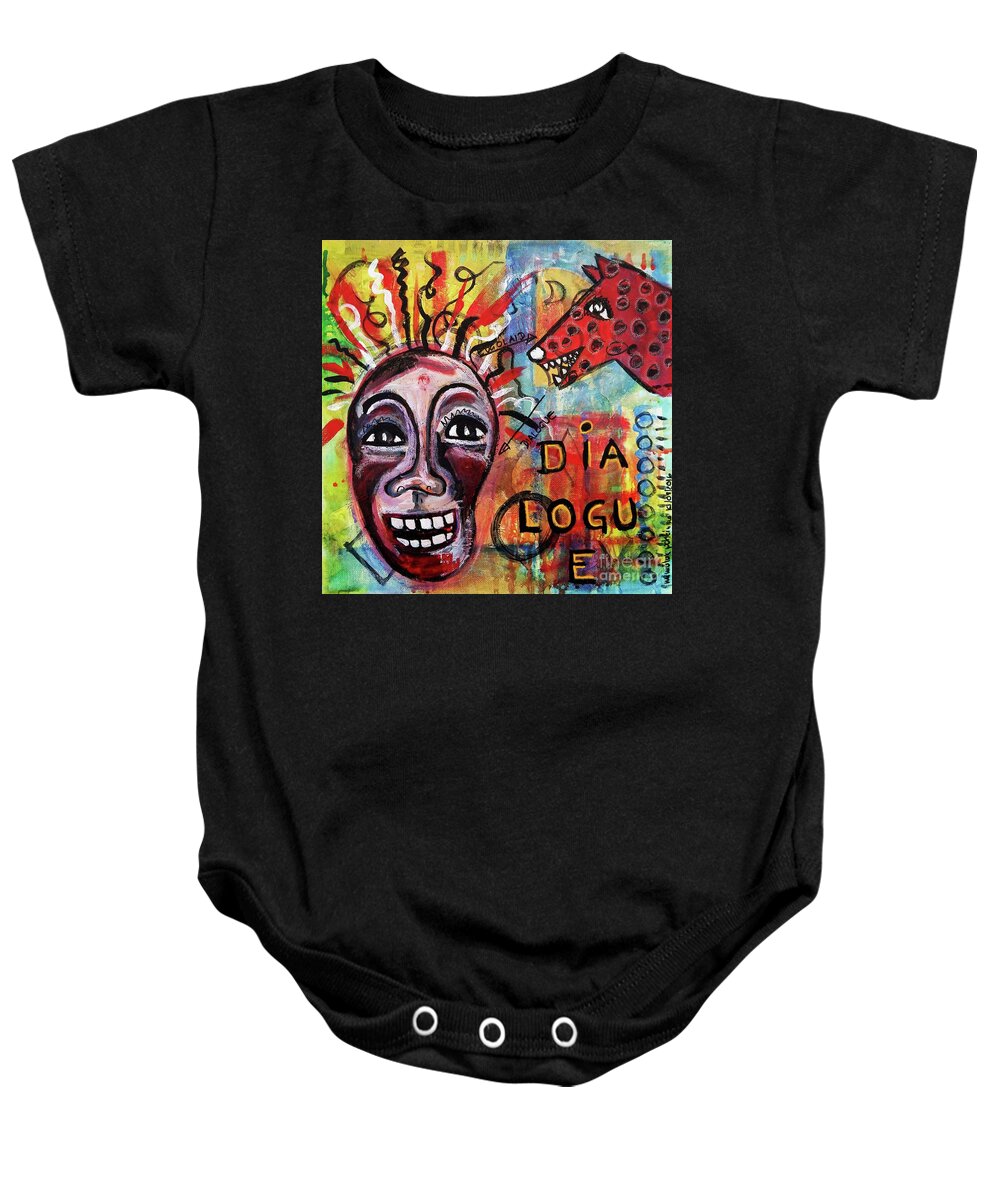 Outsider Art Baby Onesie featuring the mixed media Dialogue Between Red Dawg And Wildwoman-self by Mimulux Patricia No