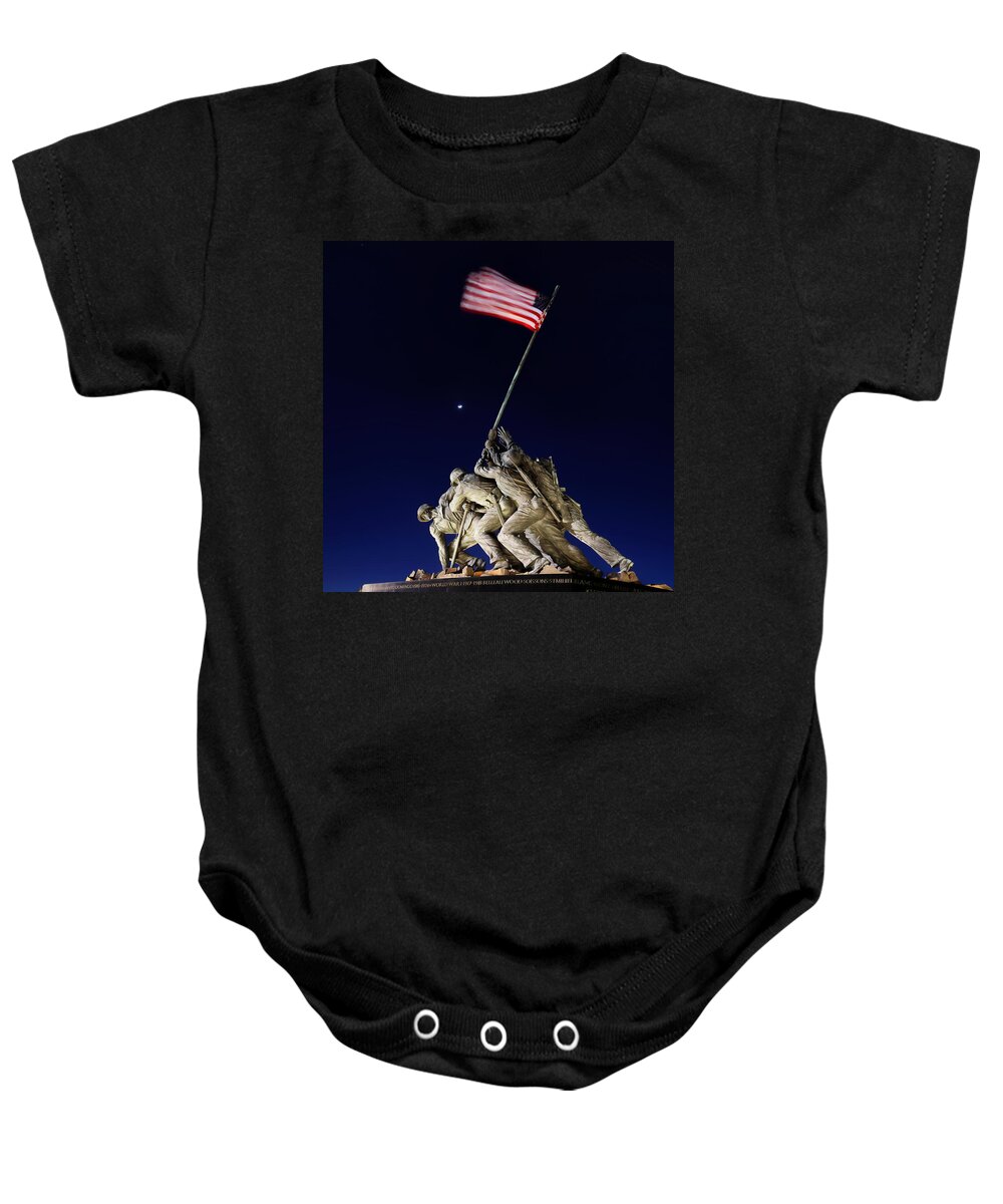 Metro Baby Onesie featuring the photograph Digital Liquid - Iwo Jima Memorial at Dusk by Metro DC Photography