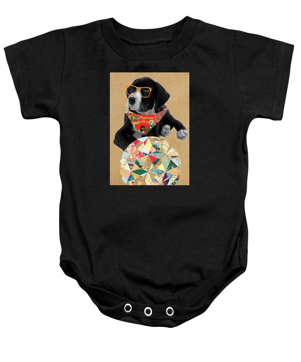 Dog Baby Onesie featuring the mixed media Dog with Ball by Claudia Schoen