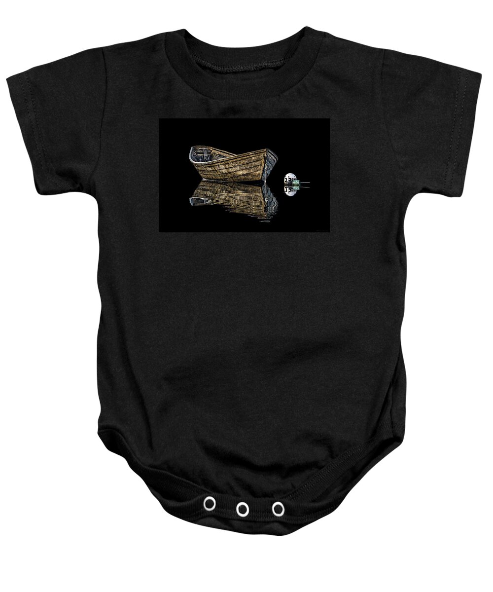 Dory And Mooring Baby Onesie featuring the photograph Dory and Mooring on Black by Marty Saccone
