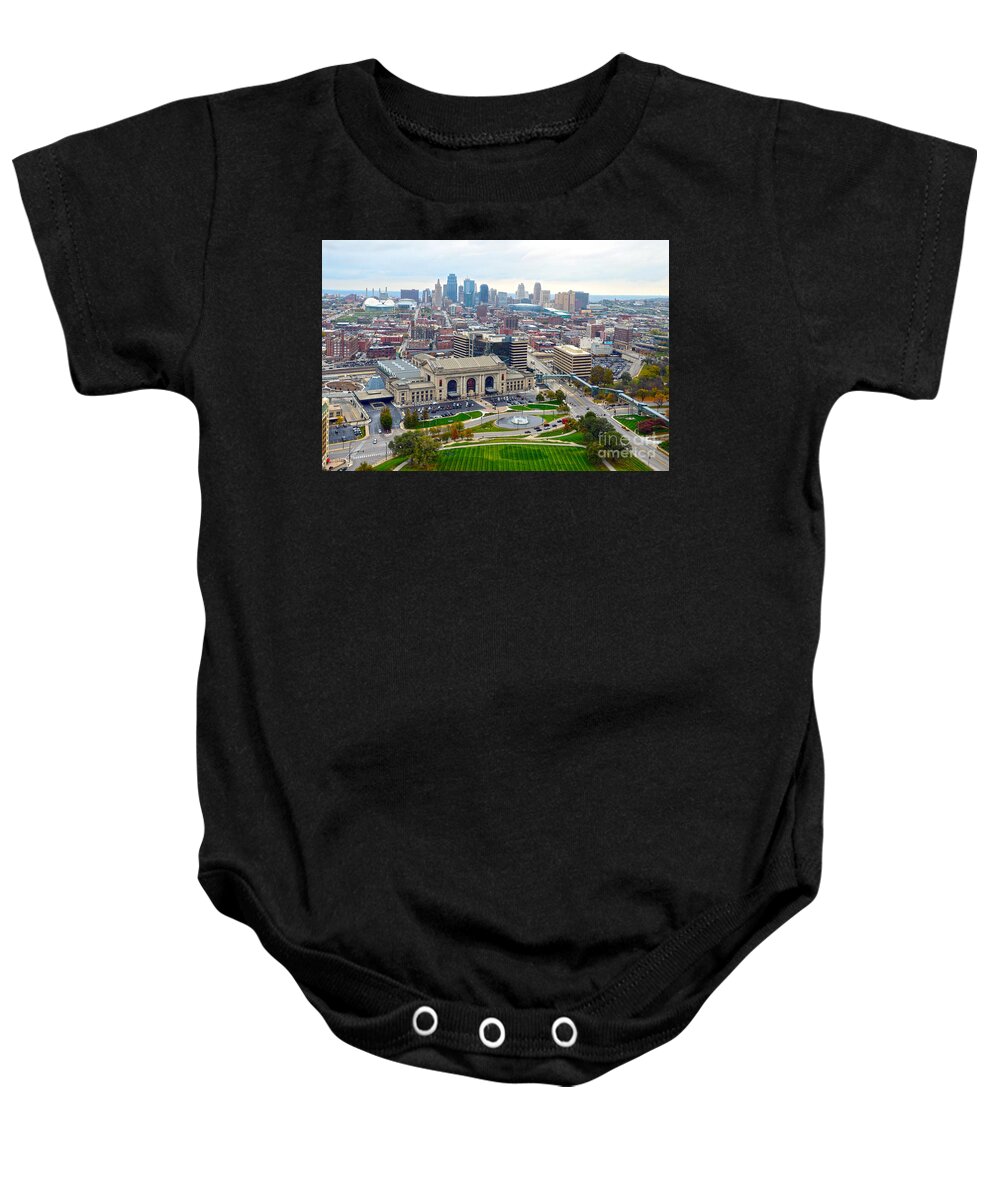 Union Station Baby Onesie featuring the photograph Downtown Kansas City from Liberty Memorial Tower by Catherine Sherman