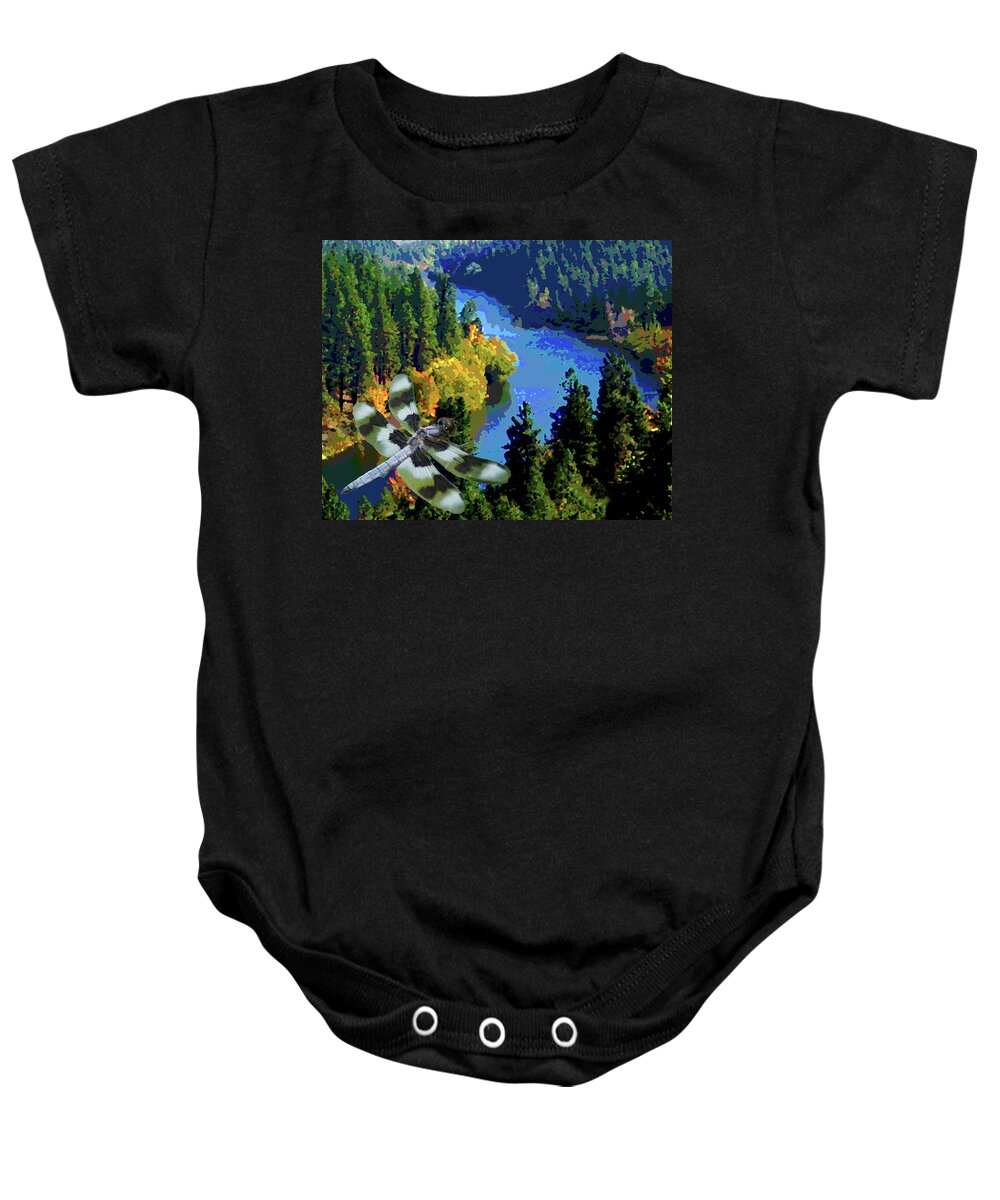 Dragonfly Baby Onesie featuring the photograph Dragonflight over the Spokane River by Ben Upham III