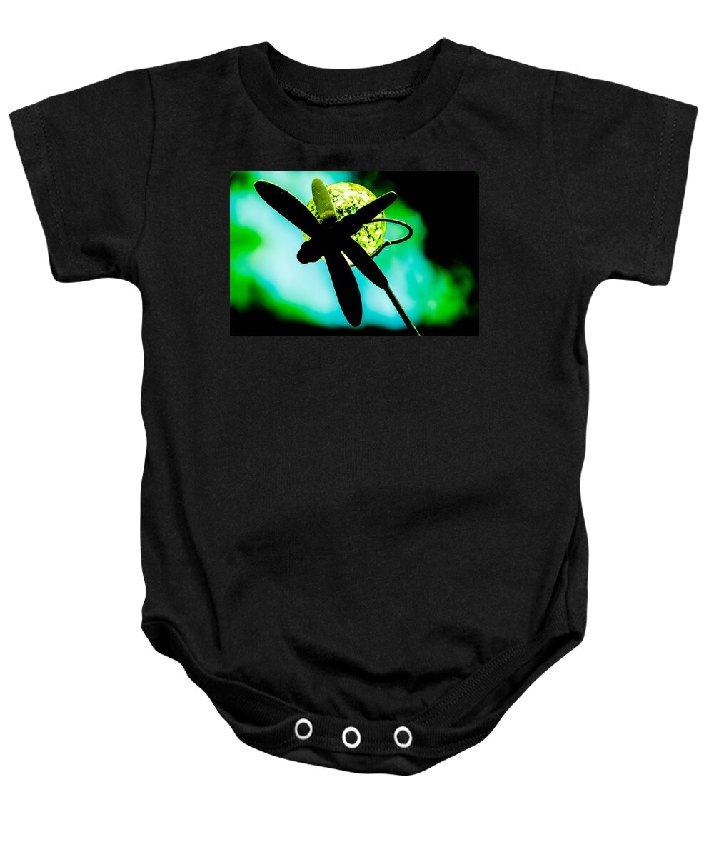 Dragonfly Crystal Black Blue Green Macro Closeup Sky Metal Baby Onesie featuring the photograph Dragonfly Crystal by Bruce Pritchett