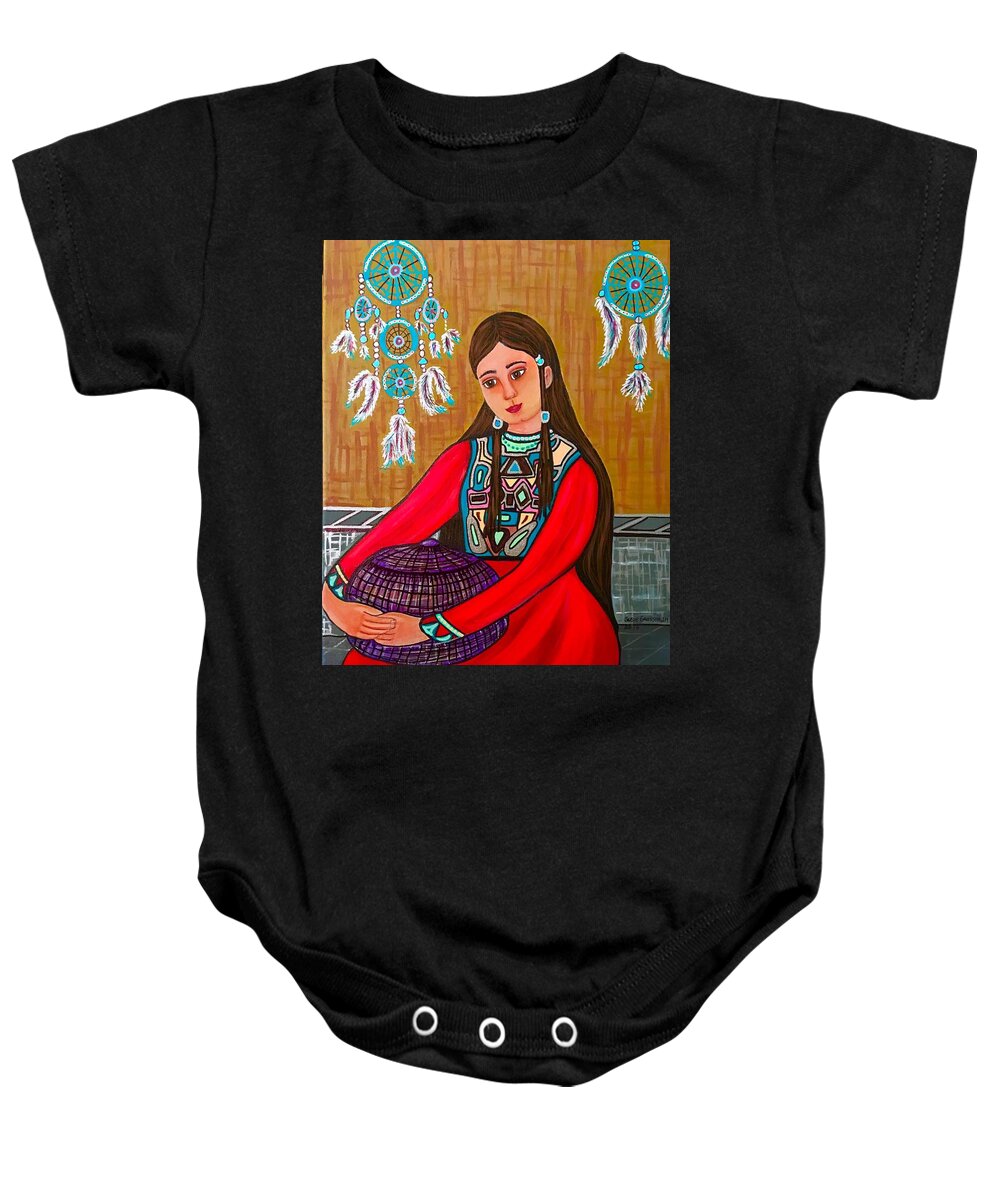 Native American/dream Catcher/turquoise /red Dress/feathers/indian Beads/basket Baby Onesie featuring the painting Dream Catcher by Susie Grossman