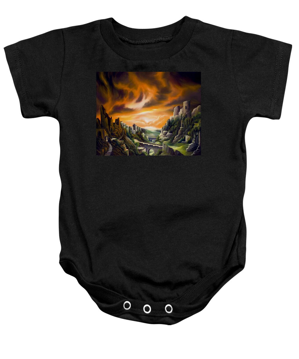 Ruins; Cityscape; Landscape; Nightmare; Horror; Power; Roman; City; World; Lost Empire; Dramatic; Sky; Red; Blue; Green; Scenic; Serene; Color; Vibrant; Contemporary; Greece; Stone; Rocks; Castle; Fantasy; Fire; Yellow; Tree; Bush Baby Onesie featuring the painting DualLands by James Hill