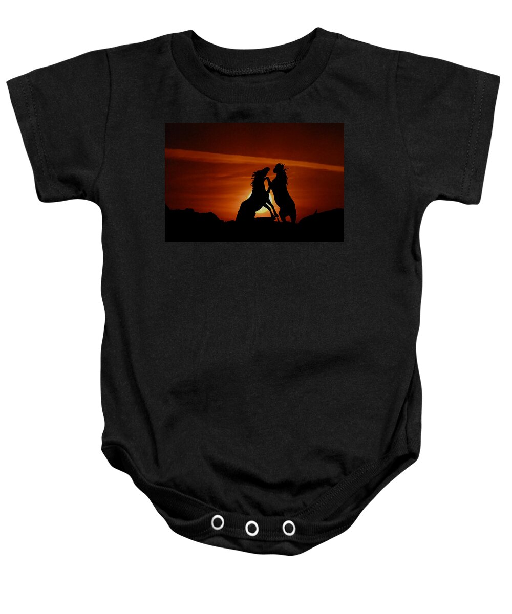 Mustangs Baby Onesie featuring the photograph Duel At Sundown by Gary Beeler