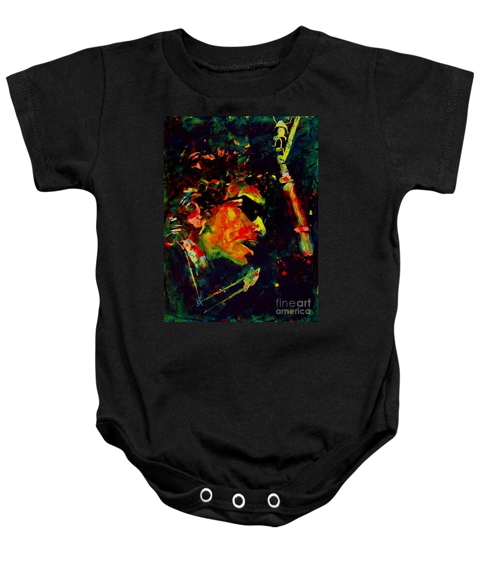 Bob Dylan Baby Onesie featuring the painting Dylan by Greg and Linda Halom