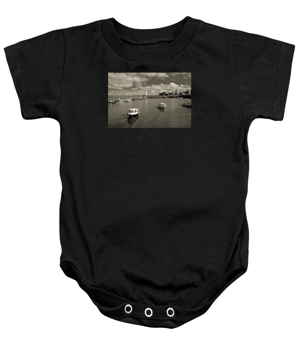 Edinburgh Baby Onesie featuring the photograph Edinburgh Newhaven harbour and old lighthouse. Retro. by Elena Perelman