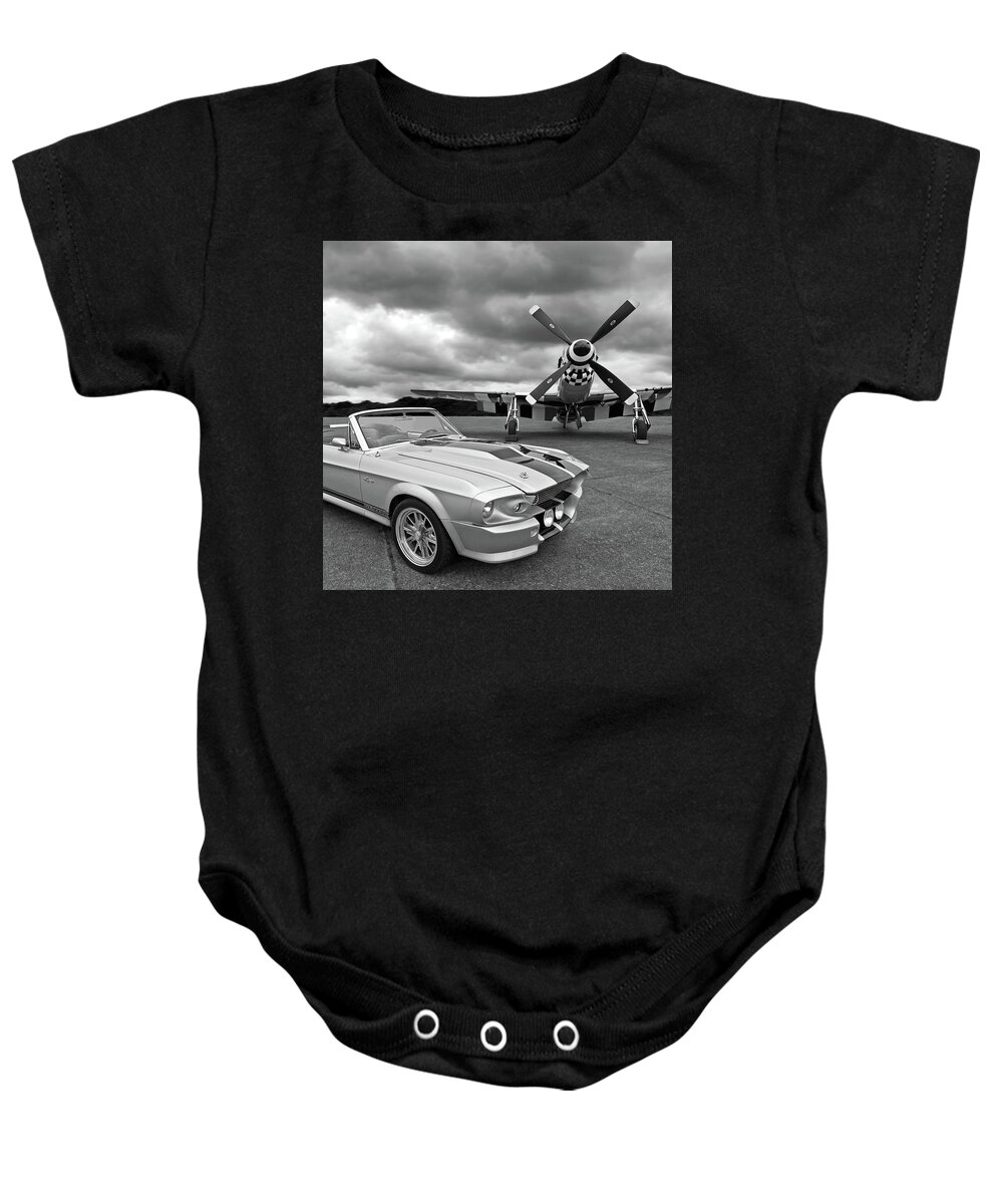 Old Ford Mustang Baby Onesie featuring the photograph Eleanor Mustang with P51 Black and White by Gill Billington