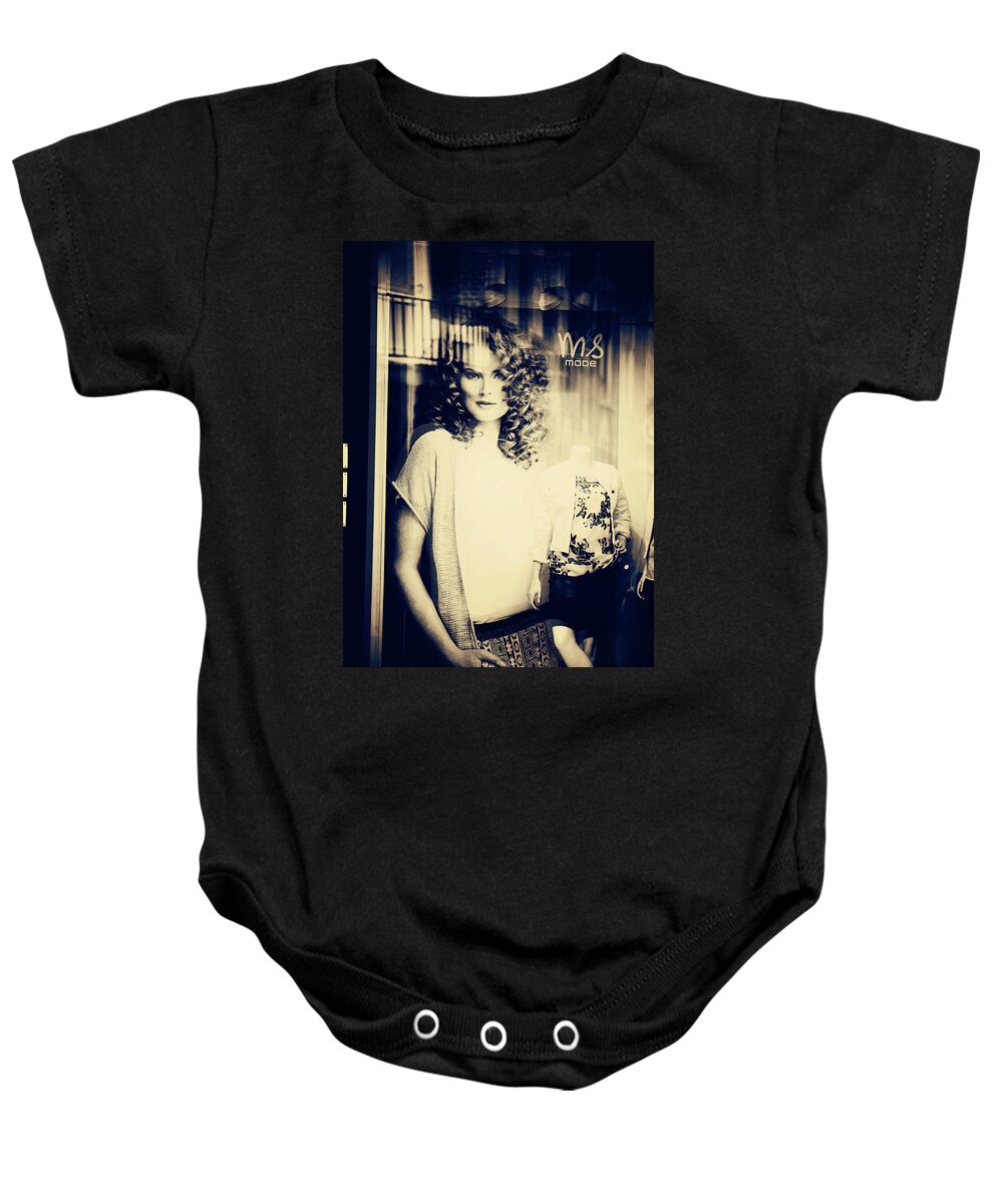 Mannequin Baby Onesie featuring the photograph Elegance Behind the Glass. Diversity of Mannequin by Jenny Rainbow