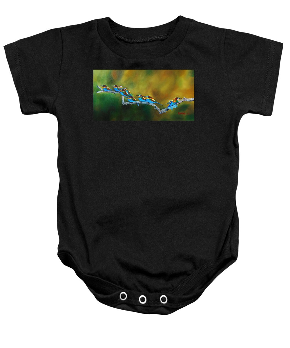 Birds Baby Onesie featuring the painting European Bee Eaters by Dana Newman