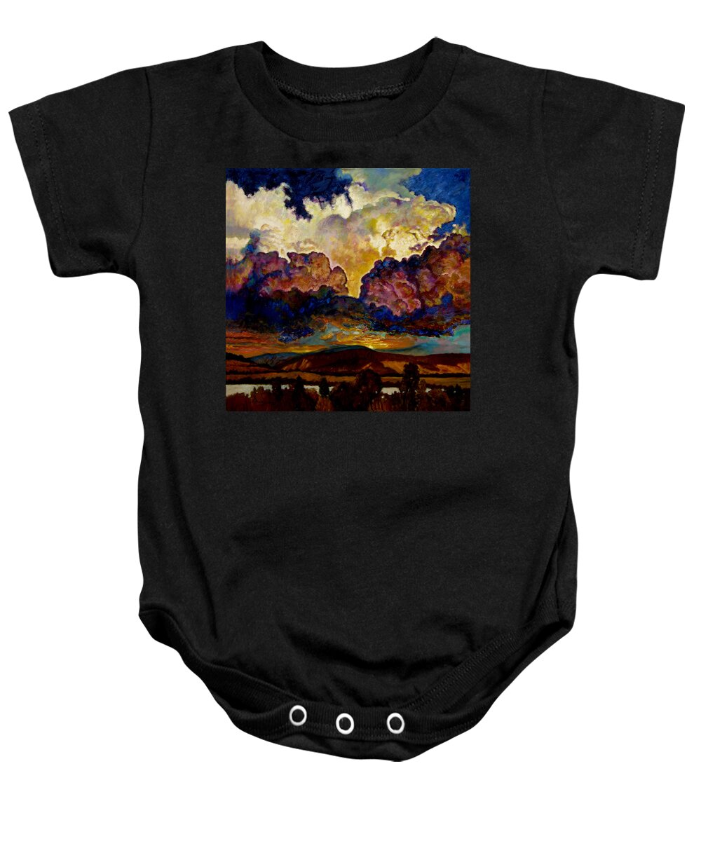 Sunset Baby Onesie featuring the painting Evening Clouds Over the Valley by John Lautermilch