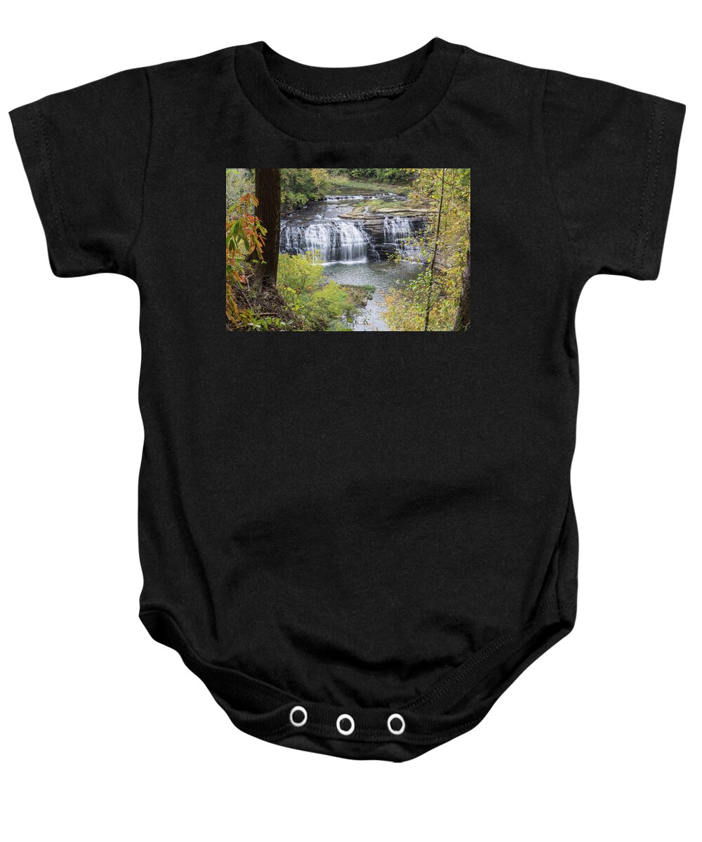 Burgess Falls Baby Onesie featuring the photograph Falls Through The Trees by John Benedict