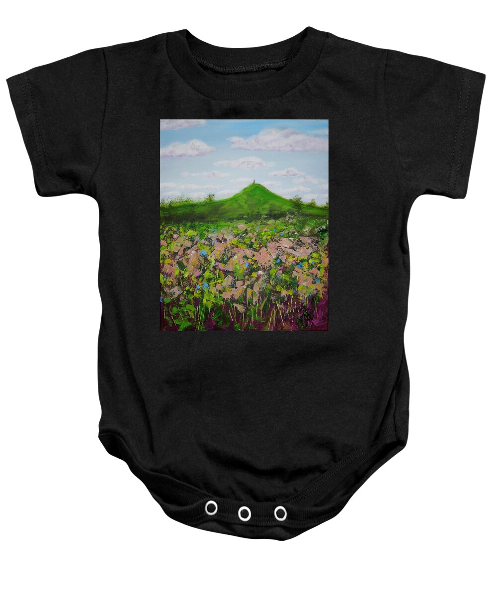 Art Baby Onesie featuring the painting Fields to Glastonbury Tor by Shirley Wellstead