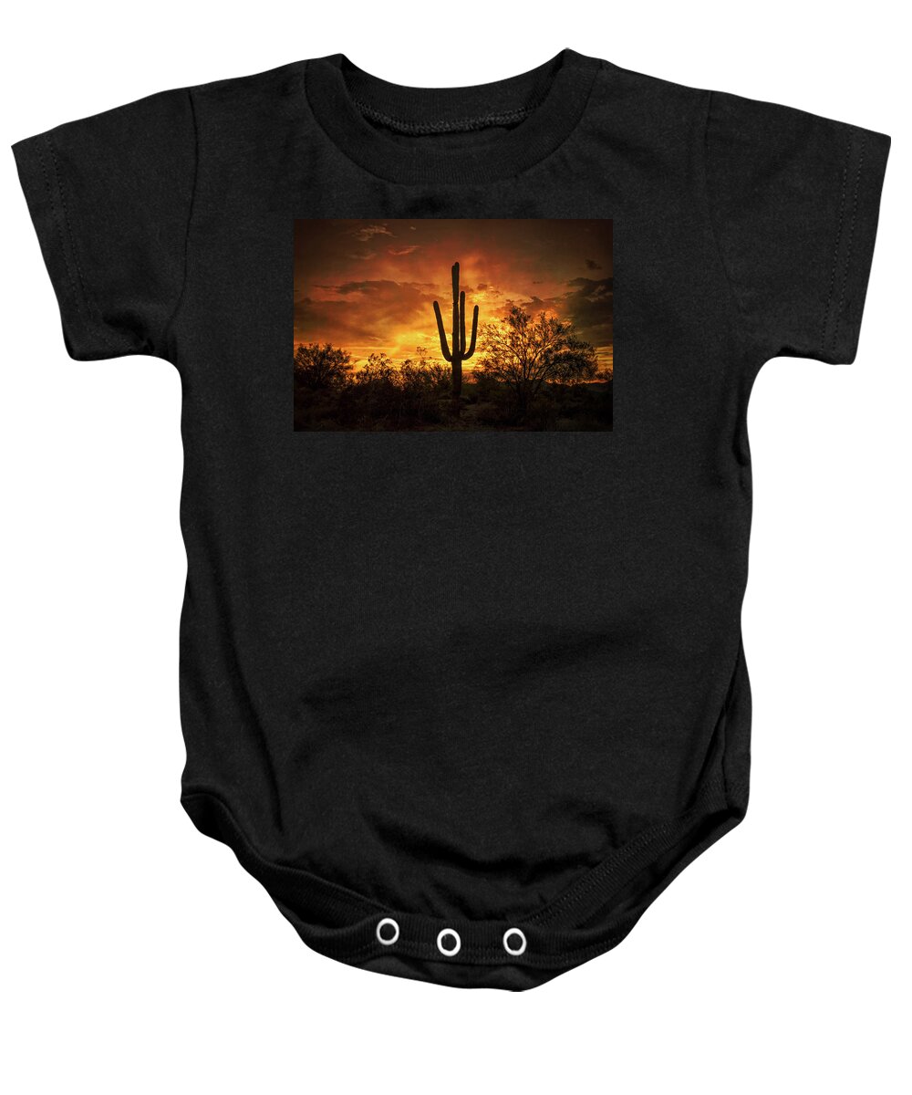 Saguaro Sunset Baby Onesie featuring the photograph Fiery Desert Skies by Saija Lehtonen