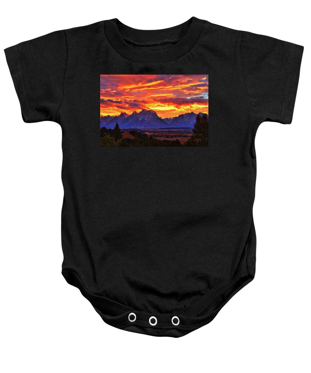 Tetons Baby Onesie featuring the photograph Fire In The Teton Sky by Greg Norrell