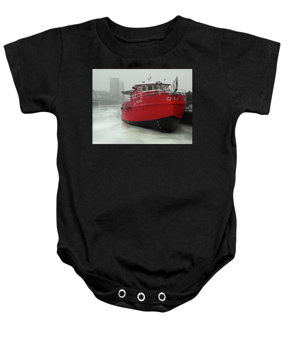 Sturgeon Bay Baby Onesie featuring the photograph Fireboat in Winter Fog by David T Wilkinson