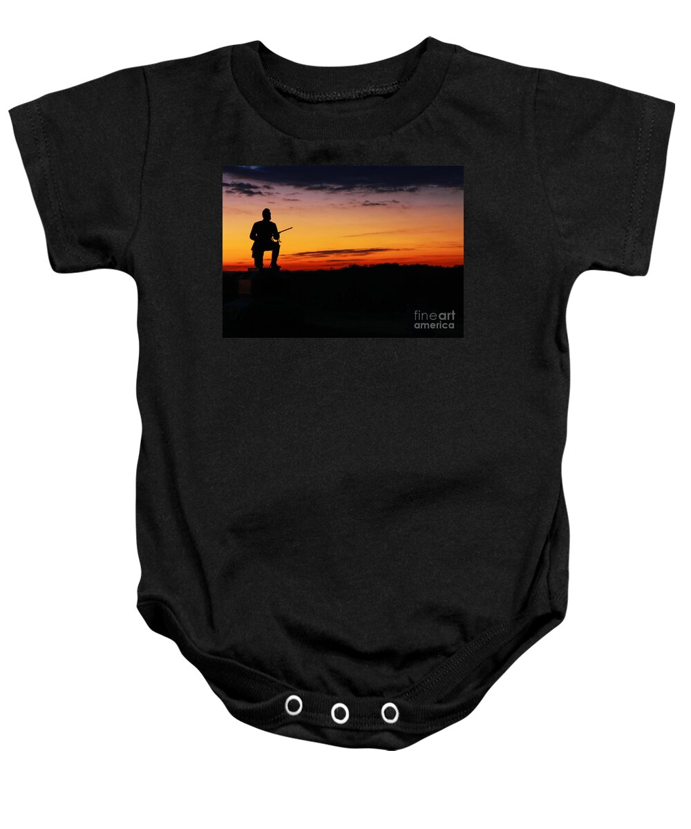 First Pennsylvania Cavalry Sunrise Gettysburg Baby Onesie featuring the photograph First Pennsylvania Cavalry Sunrise Gettysburg by Randy Steele