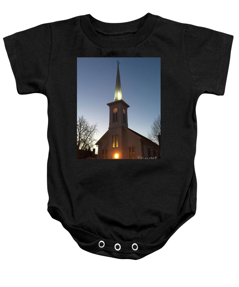 First Presbyterian Church Baby Onesie featuring the photograph First Presbyterian Churc Babylon N.Y after sunset by Steven Spak