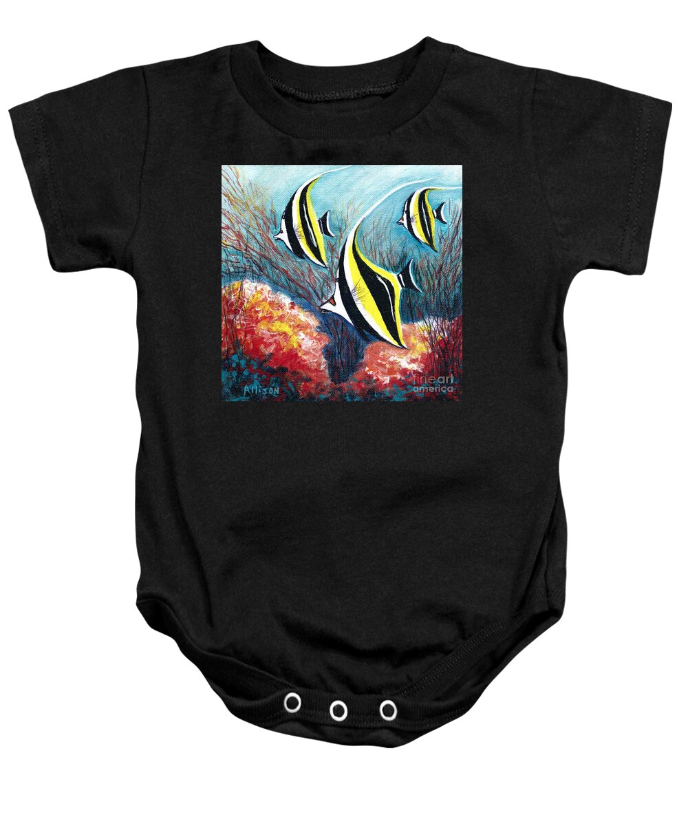 #moorishidol #fish #oceans #coral #worldoceansday #butterflyfish Baby Onesie featuring the painting Moorish Idol Fish and Coral Reef by Allison Constantino