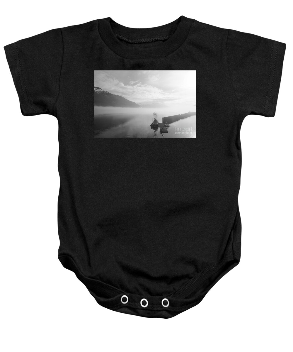 Alaska Baby Onesie featuring the photograph Fishing at Dawn Grayscale by Jennifer White