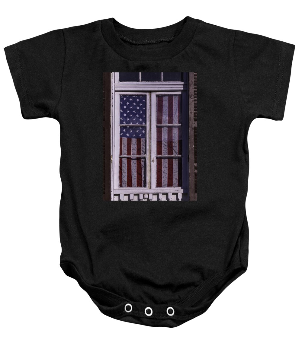 Big Easy Baby Onesie featuring the photograph Flag In New Orleans Window by Garry Gay