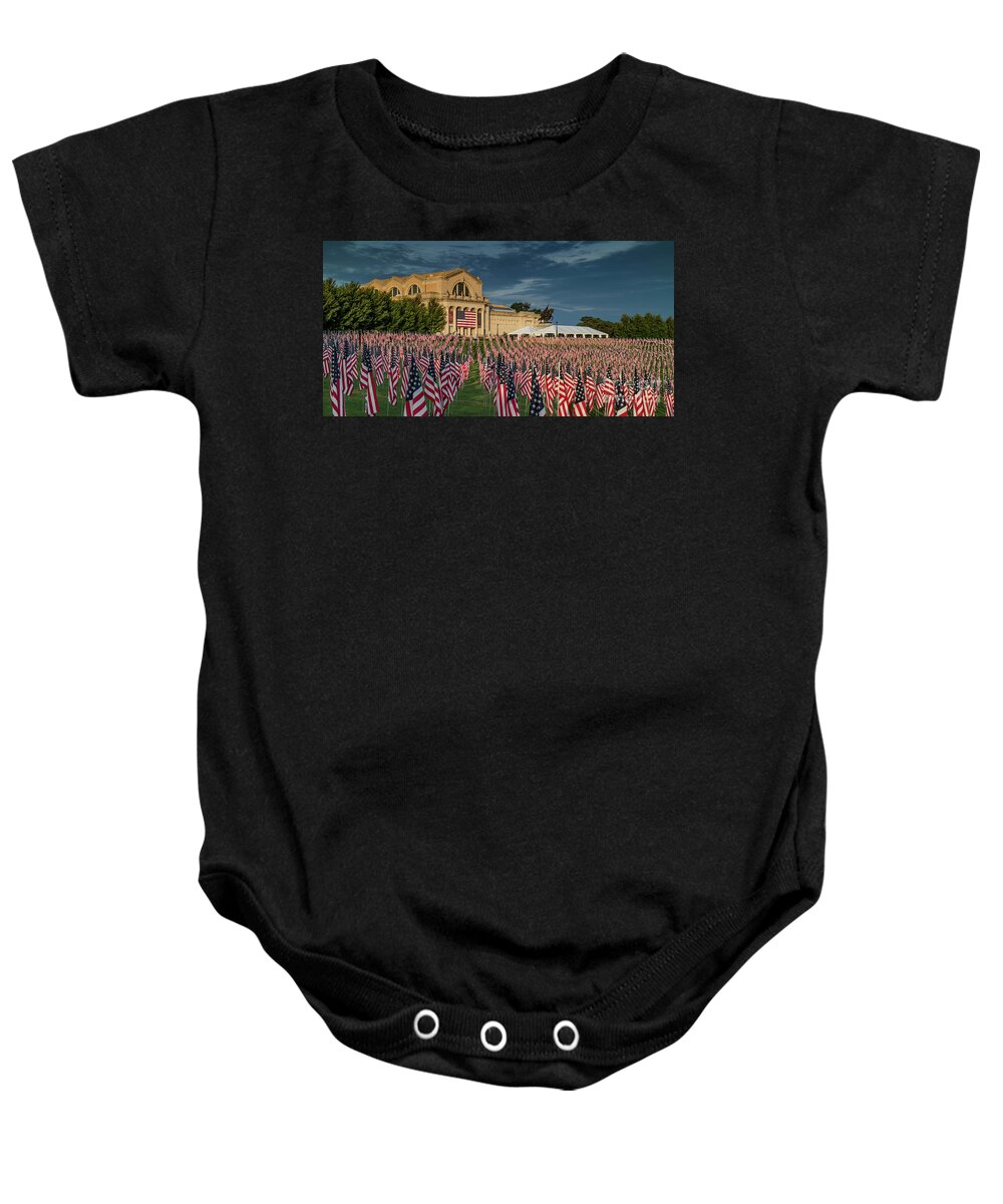 American Flag Baby Onesie featuring the photograph Flags of Valor on Art Hill by Garry McMichael