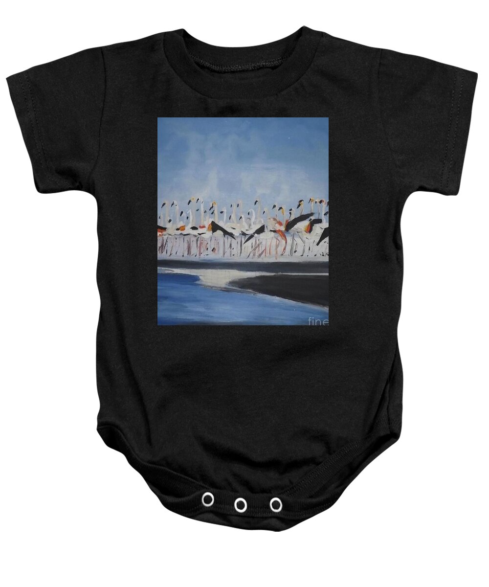 Acrylic Canvas Baby Onesie featuring the painting Flamingo Rendezvous by Denise Morgan
