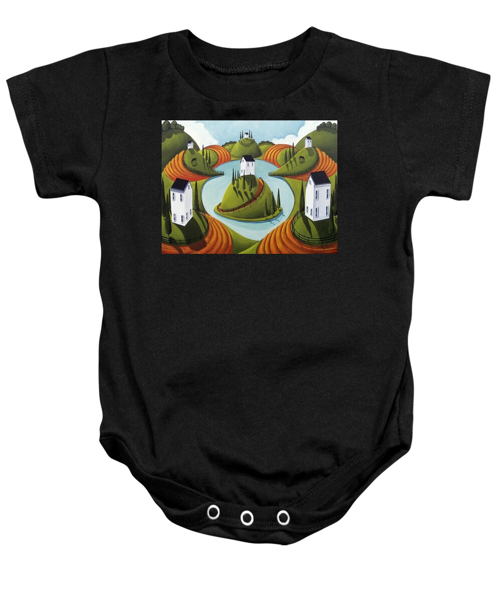 Surreal Baby Onesie featuring the painting Floating Hill - surreal country landscape by Debbie Criswell