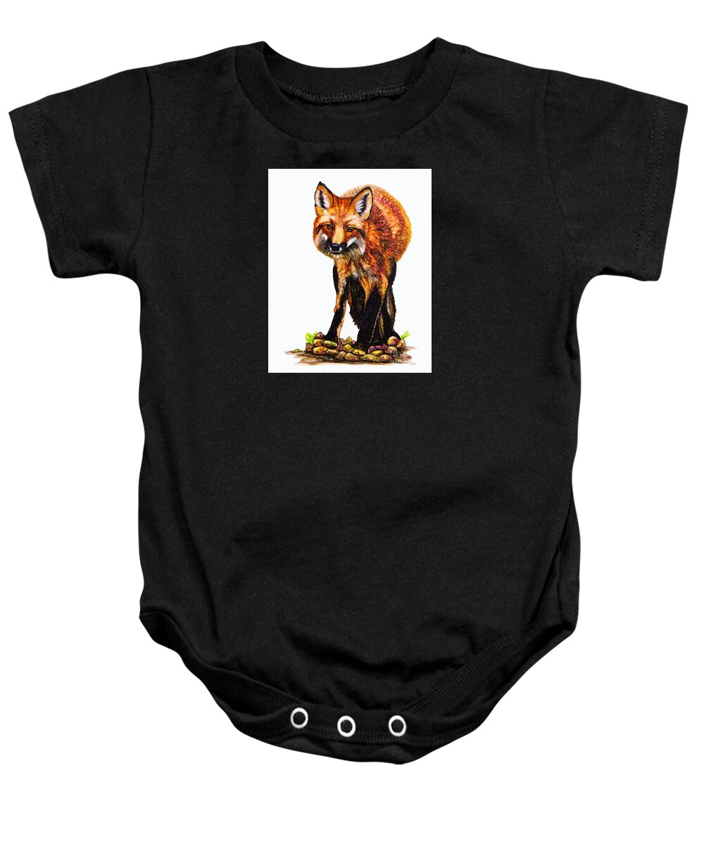 Woolyfrog Baby Onesie featuring the painting Foxy Lady by Jan Killian