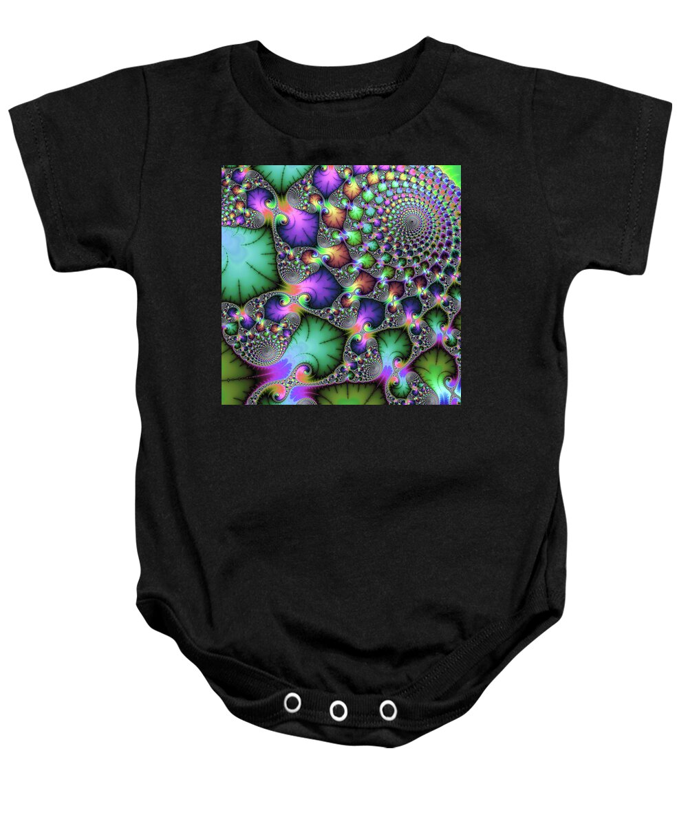 Jewel Colors Baby Onesie featuring the digital art Fractal floral spirals jewel colored green purple gold by Matthias Hauser
